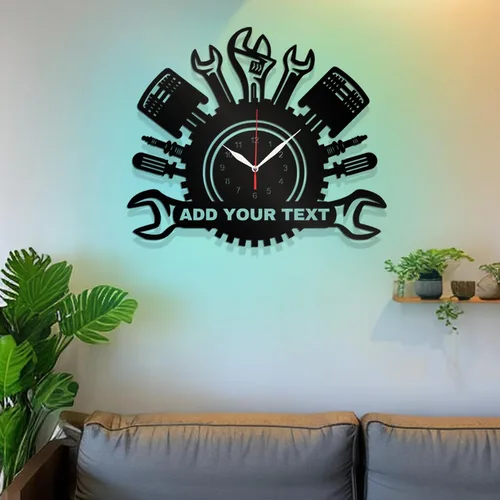 Vista 7 de Reloj de pared personalizado para taller de reparación de automóviles – Añade texto con nombre personalizado – Regalo para reparador, albañil