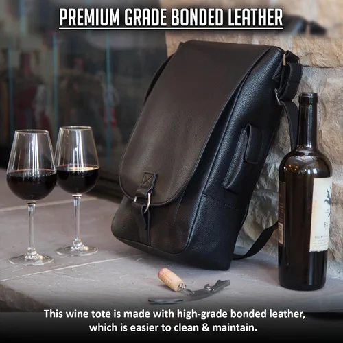 Vista 5 de Primeware Vino2 - Bolsa de mensajero de cuero con dos botellas (negro)