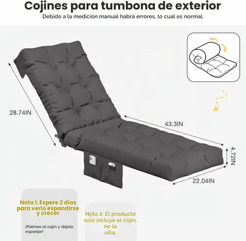 Vista 3 de Aoxun Cojines para tumbona para exteriores con bolsillo de almacenamiento Gris