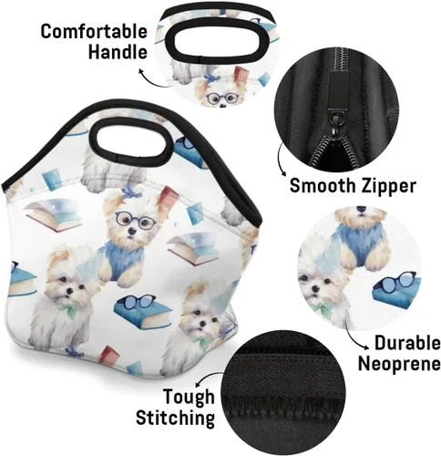 Vista 4 de Book Puppy - Bolsa de almuerzo de neopreno con aislamiento para mujeres y hombres, ideal para almuerzo, aperitivos y bebidas, duradera y fácil