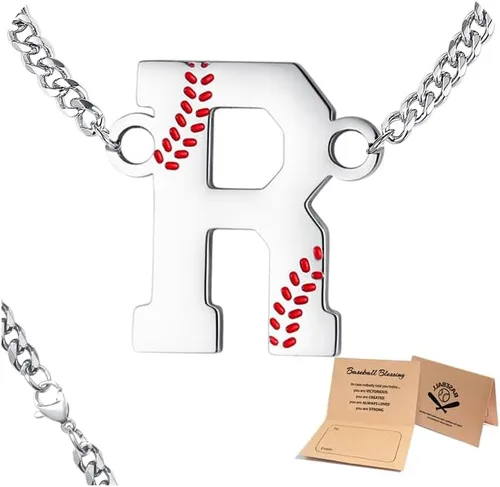 Vista 21 de QINJIEJIE Collar de béisbol inicial A-Z con letras, accesorios deportivos, colgante de encanto de béisbol, joyería de cadena de acero inoxidable 2-P