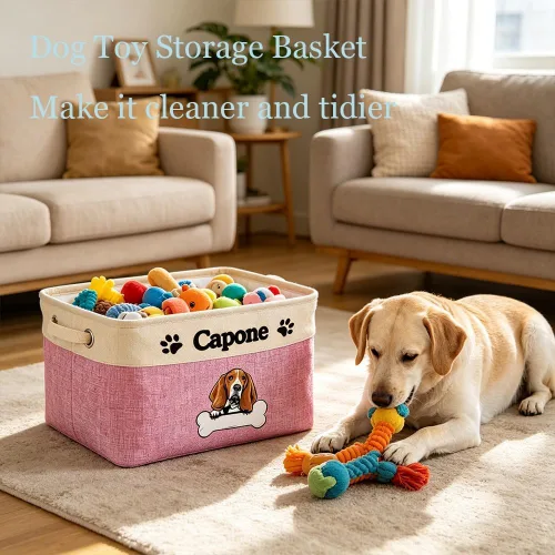 Vista 3 de Cesta de almacenamiento plegable personalizada con lindo borde de perro, plegable y resistente de tela resistente para juguetes de mascotas, cubo