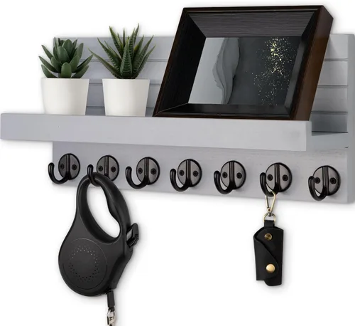 Vista 9 de Lwenki Soporte para llaves de pared, llave de entrada y soporte para correo con 7 ganchos resistentes para lentes de sol, correa de perro, estante