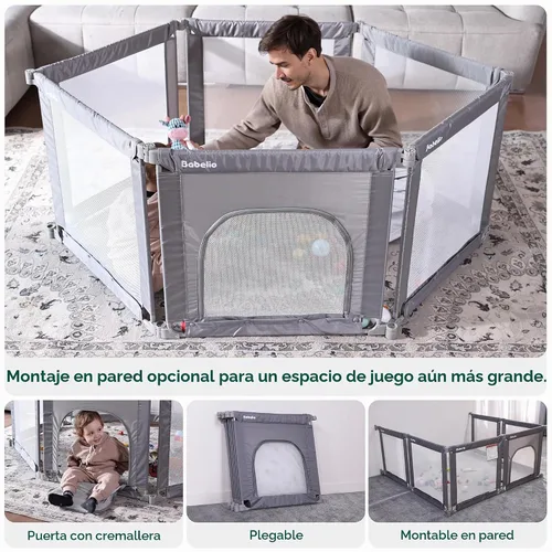 Vista 2 de Babelio Corralito Montable en Pared, Corralito Plegable para Bebés y Niños Pequeños - Forma y Área Ajustables, Corralito de 62 * 31" con Puerta