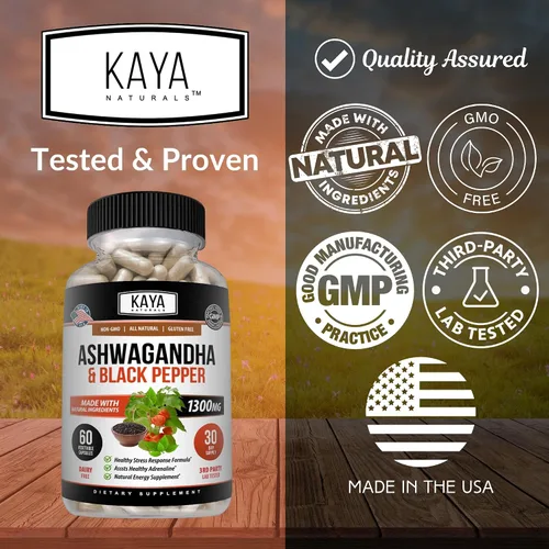 Vista 4 de Kaya Naturals Ashwagandha Cápsulas Extra Strength - Fórmula para aliviar el estrés, apoyo natural del estado de ánimo, estrés, enfoque y suplemento