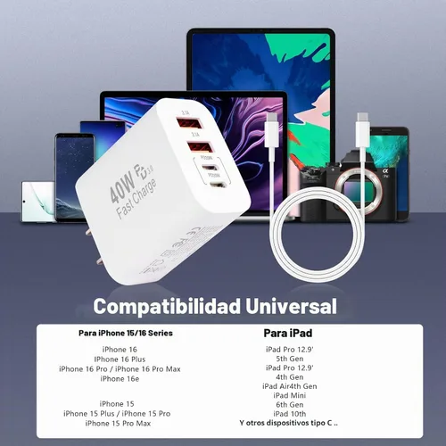 Vista 3 de iPhone 17 16 15 Cargador de carga rápida 40W 4 puertos USB C bloque