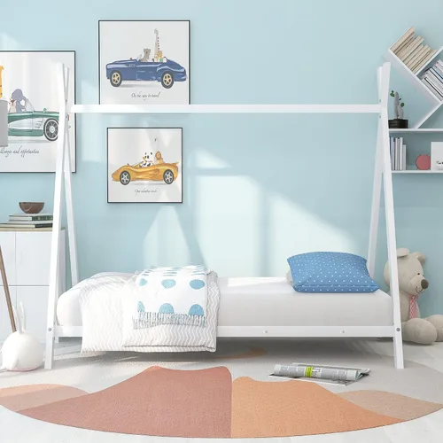 Vista 3 de SOFTSEA Cama triangular con listones, plataforma de cama de metal individual para niños (blanco)