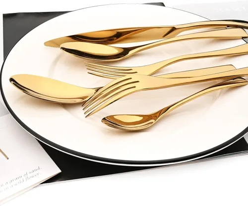 Vista 4 de Juego de cubiertos de 24 piezas, espejo de acero inoxidable 18/10, servicio de vajilla de lujo para 4, cuchillo de carne, postre, accesorios para Oro