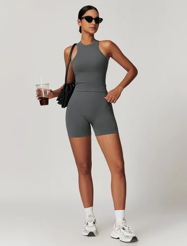 Vista 21 de Conjuntos de entrenamiento para mujer, 2 piezas, sin costuras, acanalada, sin mangas, brasier deportivo, cintura alta, pantalones cortos