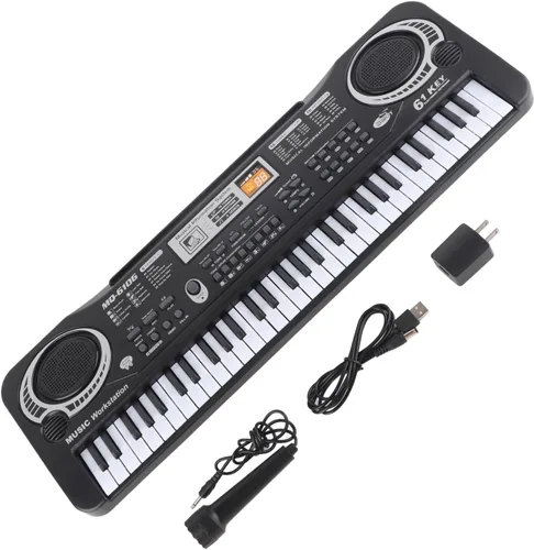 Vista 4 de Piano de teclado electrónico, piano digital eléctrico portátil de 61 teclas con micrófono, cable USB, cargador de enchufe de EE. UU., teclado