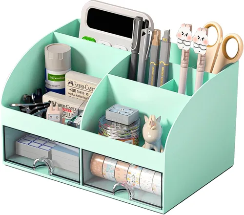 Vista 14 de Organizador de escritorio con 6 compartimentos y 2 cajones, organizador de maquillaje de plástico, soporte para bolígrafos para almacenamiento