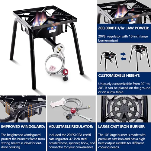 Vista 5 de ARC 200,000BTU Estufa de Propano Portátil para Exteriores, Quemador de Campamento de Propano, con Patas Removibles, Ideal para Woks, Sarténes y Ollas