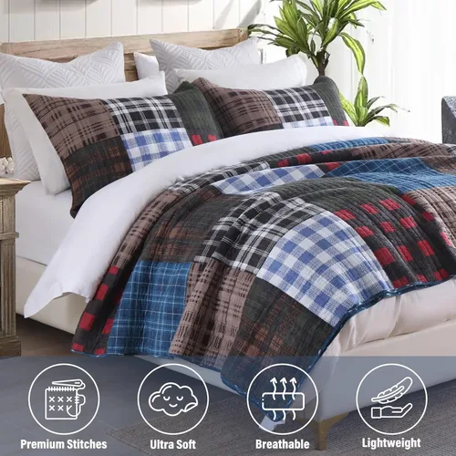 Vista 2 de NEWLAKE Juego de colchas tamaño queen, conjunto de colcha de algodón con diseño de retazos en colores azul y negro con patrones a cuadros, colcha