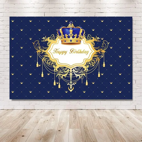 Vista 6 de Fondo de fotos de feliz cumpleaños azul y dorado para niño, corona de príncipe pequeño, decoración de fiesta, pancarta para fotografía de 7 x 5 pies