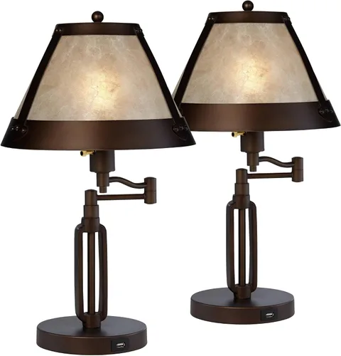 Vista 11 de Samuel 21 1/4" de bronce alto marrón lámpara de escritorio USB mica sombra brazo oscilante Puertos USB rústicos naturales A+C carga sala de estar