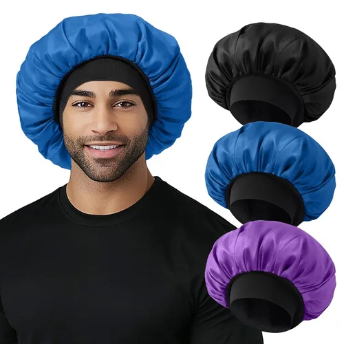 Vista 13 de Gorro para hombre, gorro de doble capa para dormir, gorro de dormir ajustable con banda elástica, gorros de satén de seda para trenzas de cabello