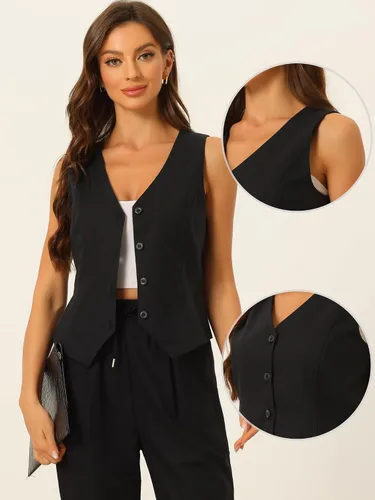 Vista 2 de Allegra K Chaleco para mujer, de verano, algodón, lino, sin mangas, con botones, cuello en V, totalmente forrado, chalecos recortados Negro