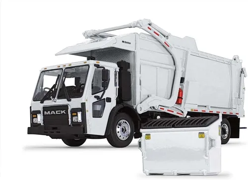 Vista 2 de First Gear Blanco/Blanco Escala 1/34 Mack LR con cargador frontal McNeilus Meridian y papelera