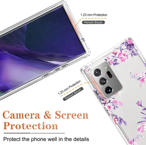 Vista 2 de Funda para Galaxy Note 20 Ultra, SM-N986U con protector de pantalla de vidrio templado, diseño floral a prueba de golpes, funda protectora de cuerpo
