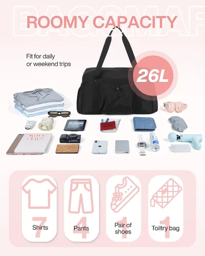 Vista 3 de BAGSMART Bolsa de fin de semana para mujer, bolsa de viaje con bolsa de zapatos para viajes, 26L para el aeropuerto, bolsa de mano para gimnasio