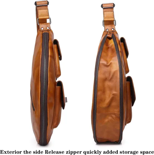 Vista 3 de Bolso bandolera de cuero genuino para hombres y mujeres, mochila en el pecho, bandolera, casual, al aire libre