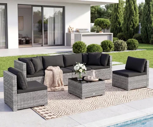 Vista 18 de Tangkula Juego de 2 sofás de mimbre para exteriores, sin brazos, juego de sofá modular de ratán para patio con 2 cojines de asiento gruesos y 2