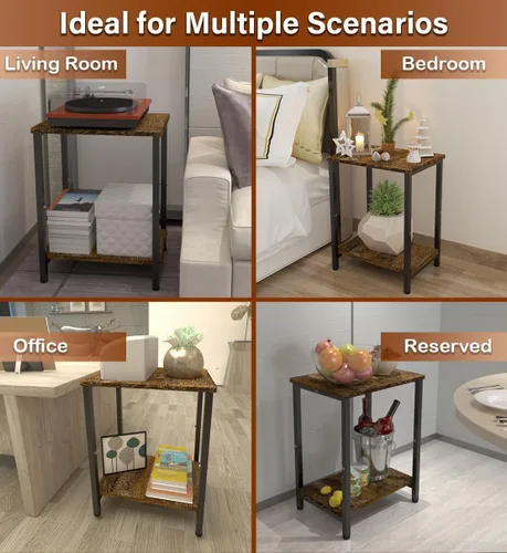 Vista 7 de Mesa auxiliar de 2 niveles, mesa auxiliar resistente con estantes, mesa de noche estrecha para espacios pequeños, mesa de tocadiscos para Negro