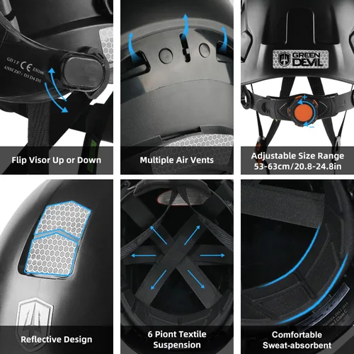 Vista 5 de CASCO DE SEGURIDAD CON VISERA Y OREJERAS BLUETOOTH GREEN DEVIL Casco Duro de Trabajo con Protección Completa, Ventilado, Casco de Construcción ANSI
