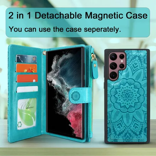 Vista 3 de Harryshell Funda de cuero desmontable con cremallera magnética con bolsillo para monedas, 12 ranuras para tarjetas, correa de muñeca para Samsung