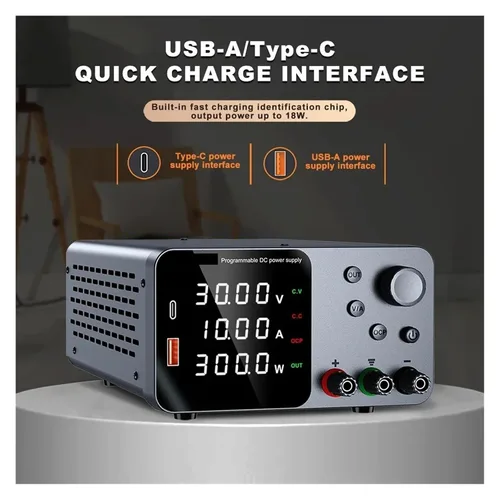 Vista 3 de Fuente de alimentación de 30V 10A CC Fuente de alimentación de banco de CC regulada de conmutación variable para carga rápida Pantalla LED