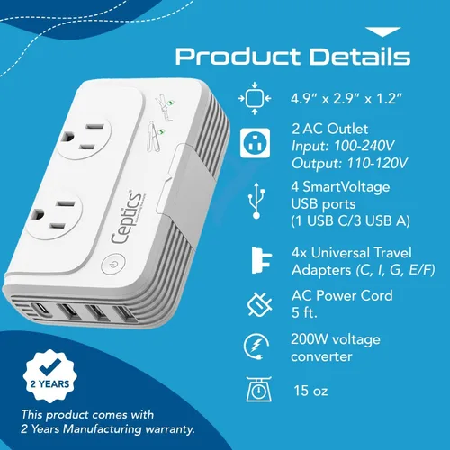 Vista 5 de Adaptador de conexión universal a tierra Ceptics, 4 USB + convertidores 150 W, Blanco