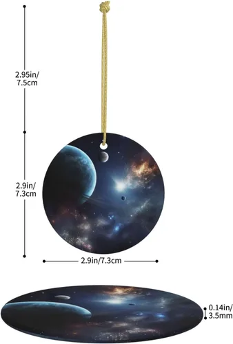 Vista 4 de Adorno de Navidad redondo colgante de Navidad, luna, estrellas y planetas, árbol de Navidad, cerámica, adorno colgante de cerámica personalizado
