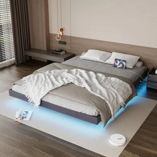 Vista 9 de Base de cama flotante de tamaño matrimonial con luces LED y estación de carga, marco de cama de plataforma de metal sintético negro, fácil montaje