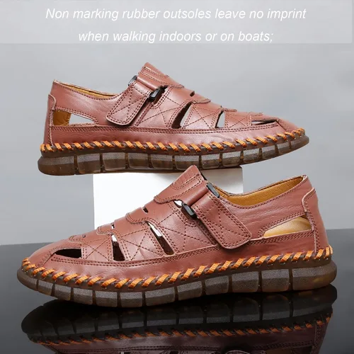 Vista 6 de Sandalias de cuero para hombre con puntera cerrada, zapatos de pescador de playa, sandalias deportivas de verano al aire libre