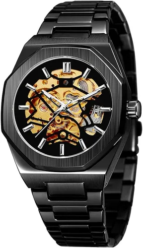 Vista 8 de Tiong Reloj de pulsera mecánico de acero inoxidable de esqueleto de lujo, resistente al agua, negro, automático, para hombre