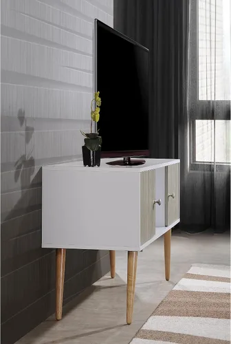Vista 4 de Hodedah Soporte de TV de estilo retro con dos puertas de almacenamiento y patas de madera maciza, color blanco