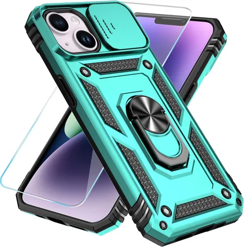 Vista 4 de SunStory Compatible con iPhone 13 Case/iPhone 14 Case con Protector de Pantalla HD y Cubierta de Cámara Deslizante y Soporte de Anillo Giratorio