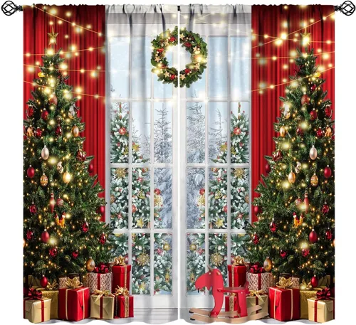 Vista 26 de Cortinas de Navidad de gnomo, bolas de árbol de Navidad, luces, regalos, decoración de tablones para sala de estar, dormitorio, bolsillo para barra