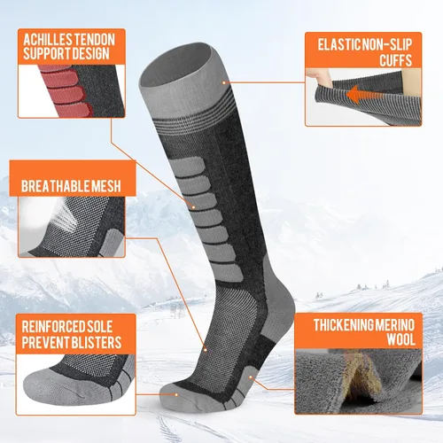 Vista 4 de KEECOW Calcetines de esquí de lana merino para hombres y mujeres, 2 pares, calcetines térmicos cálidos para invierno, snowboard, caza al aire libre