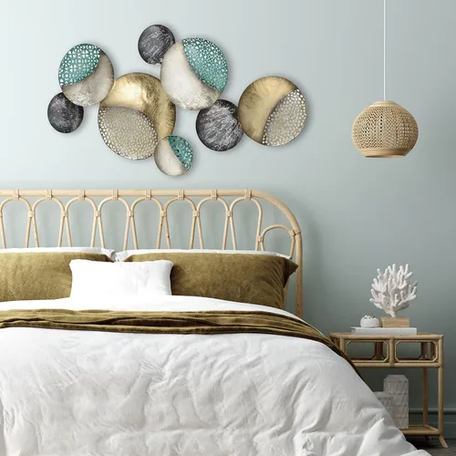 Vista 6 de WHW Whole House Worlds MODERNIST HOME Círculos flotantes, arte abstracto de pared de metal, hecho a mano, dorado dorado, negro, blanco y gris