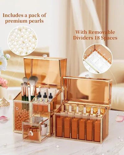Vista 4 de Youdepot Organizador de maquillaje extra grande, almacenamiento de cosméticos de vidrio con cajones, organizador apilable de maquillaje y joyas