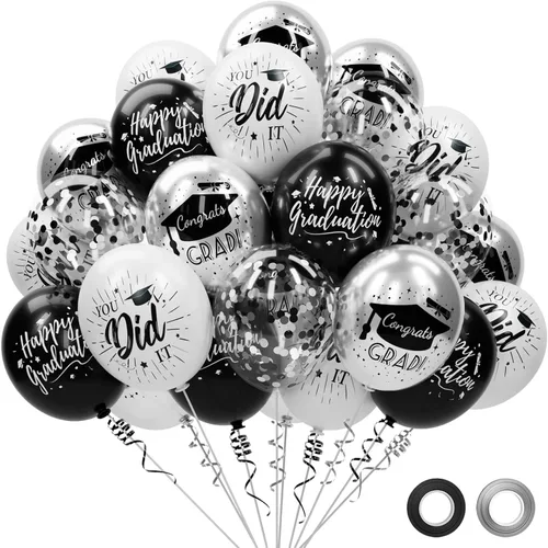 Vista 9 de Paquete de 78 globos de graduación 2026, decoraciones de graduación, globos de graduación de 12 pulgadas de oro negro con cintas para decoraciones