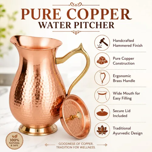 Vista 2 de Jarra de cobre 100% puro de 50.7 fl oz (50.72 onzas), jarra de agua de cobre martillado con tapa y asa, recipiente de agua tradicional de cobre
