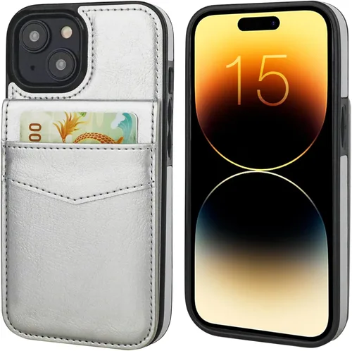 Vista 15 de KIHUWEY - Funda tipo cartera compatible con iPhone 15 con soporte para tarjetas de crédito, cierre magnético, soporte de cuero premium, cubierta