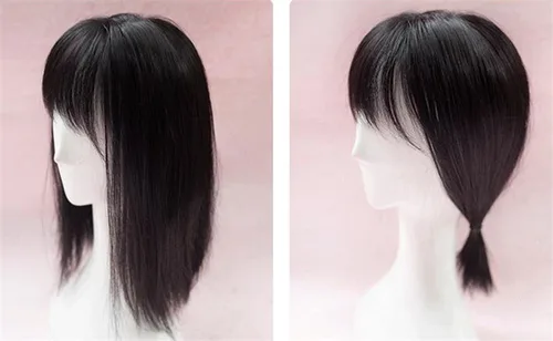 Vista 2 de Extensiones de pelo liso de fibra sintética de 14 pulgadas con flequillo de irregularidad (negro delgado)