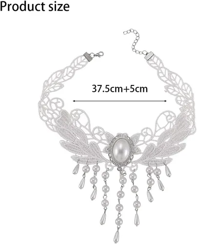 Vista 3 de Zoestar Gargantilla de encaje, collar con colgante de perlas y borlas, collar de encaje blanco vintage, accesorios de cadena para mujer