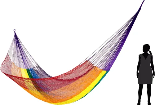 Vista 4 de NOVICA Hamaca de cuerda maya de nailon tejida a mano multicolor arcoíris a rayas para 1 persona, soñando con arcoíris (individual)