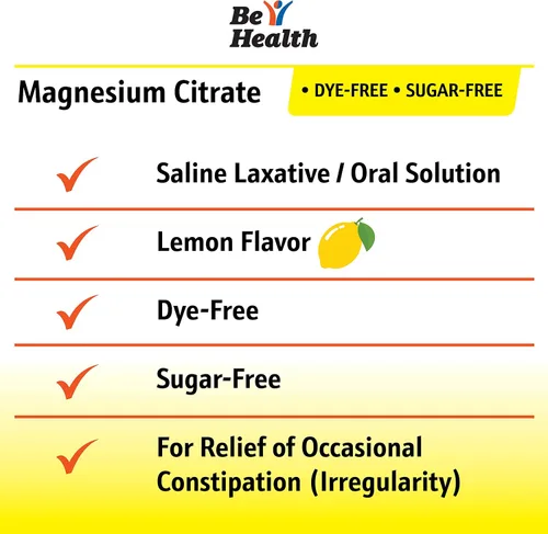 Vista 2 de Be Health Solución oral de citrato de magnesio, laxante salino, sabor a limón, paquete de 12, fabricado en Estados Unidos, 10 onzas líquidas