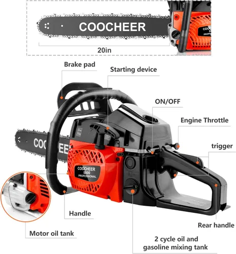 Vista 2 de COOCHEER Motosierras a gas de 62 cc, motosierra de gasolina de 20 pulgadas y 3.5 HP de 2 tiempos con tocones de árboles, extremidades, tala