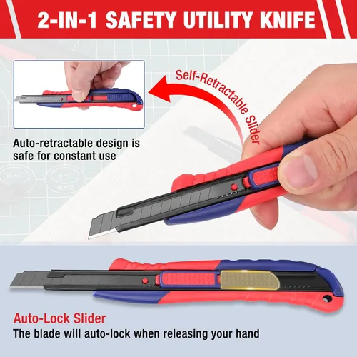 Vista 2 de WORKPRO Cuchillo utilitario de seguridad 2 en 1, hoja retráctil a presión, juego de cortador de caja de metal, cuchillos de afeitar Exacto